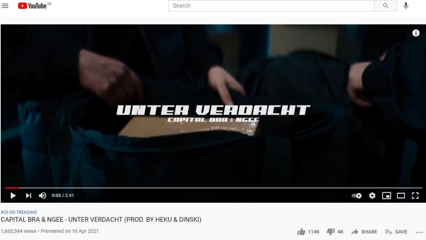 Capital Bra & Ngee liegen mit "Unter Verdacht" an der Spitze der meistgesehenen deutschsprachigen Musikvideos des zurückliegenden Wochenendes auf YouTube