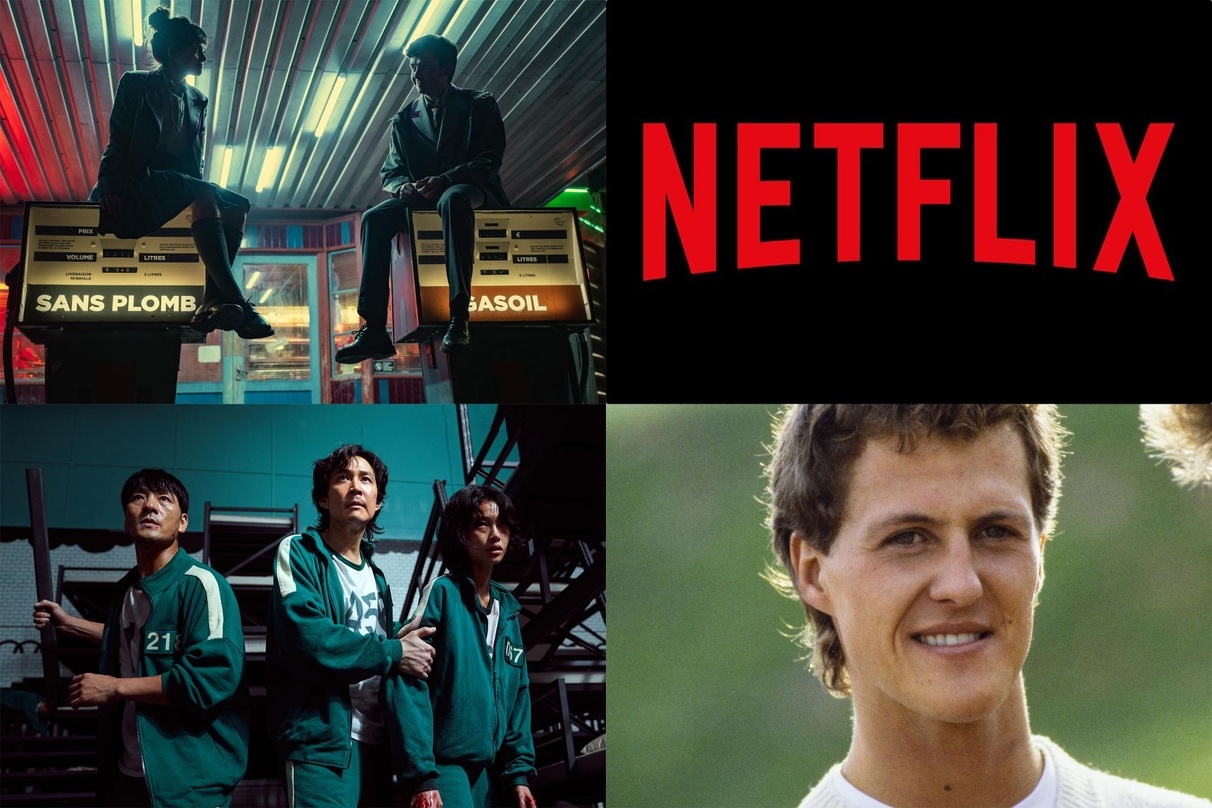 Erfolge auf Netflix: "Sex Education" (l.o.), "Squid Game" (l.u.) und "Schumacher" (r.u.)