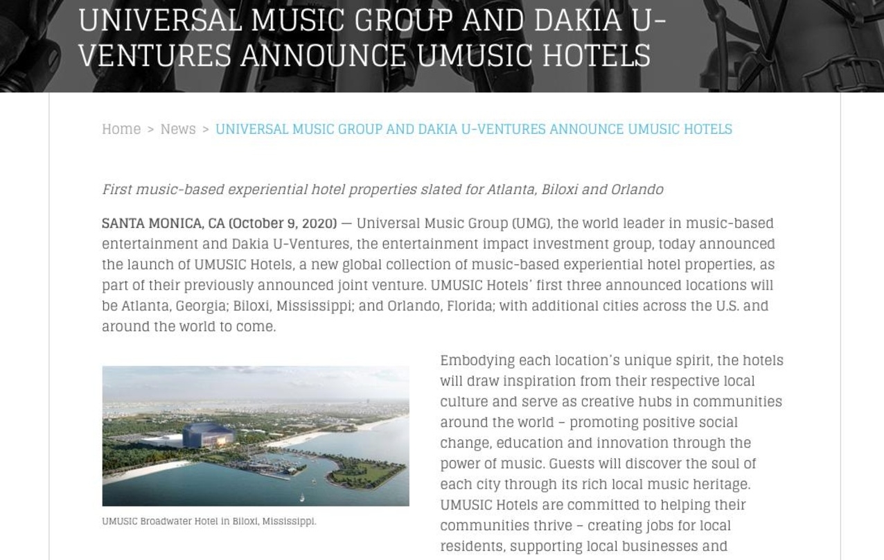So soll es mal aussehen: Universal Music plant die Eröffnung eines UMusic Hotels unter anderem in Biloxi im US-Bundeststaat Mississippi