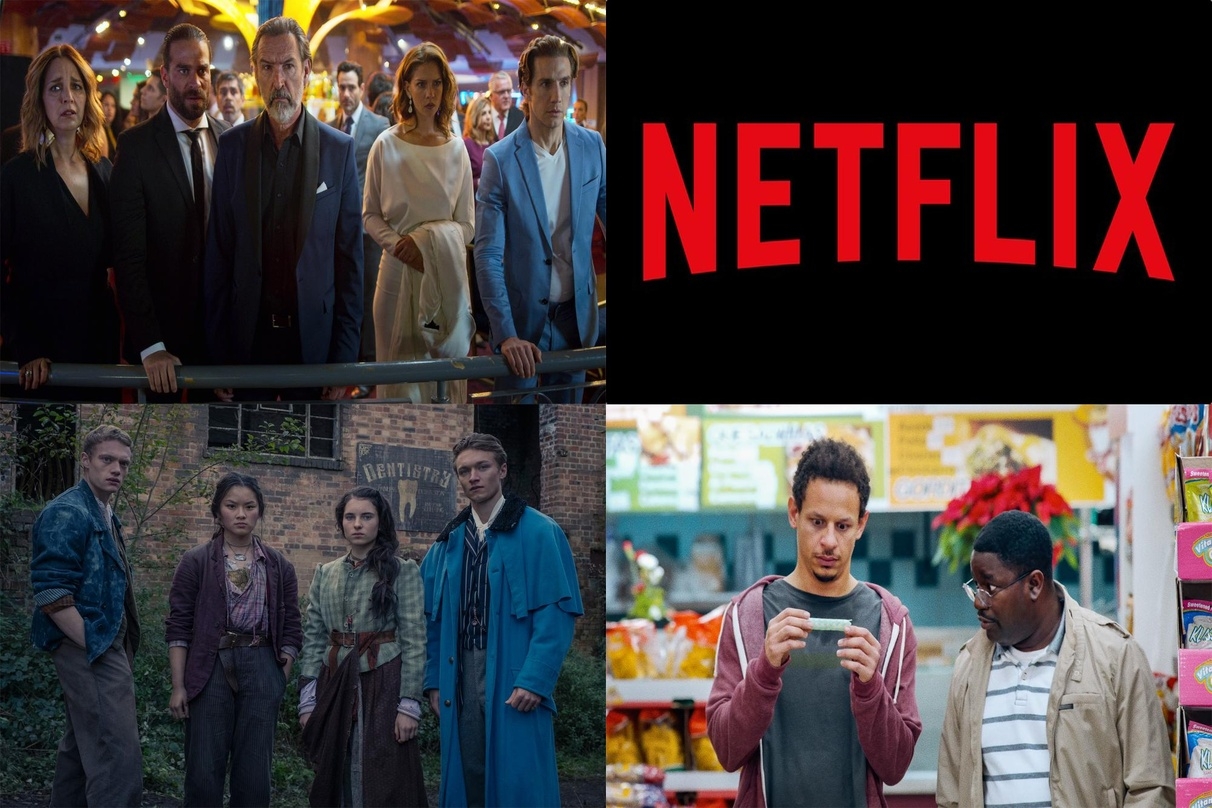 Erfolge auf Netflix: "Wer hat Sara ermordet" (l.o.), "Die Bande aus der Baker Street" (l.u.) und "Bad Trip" (r.u.)