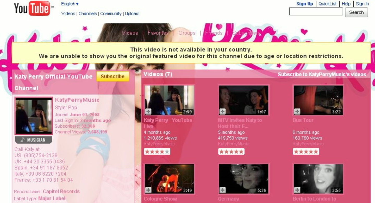 Hier könnte ihre Werbung stehen: Der derzeit trockengelegte YouTube-Videokanal von Katy Perry