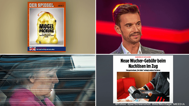 "Mogelpackung" auf dem Spiegel-Cover, Kapitän Max Prager, Angela "die Frau" Merkel, Bahn-Wut in Bild