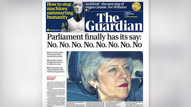 Titelseite des Guardian zur achtfachen Brexit-Absage