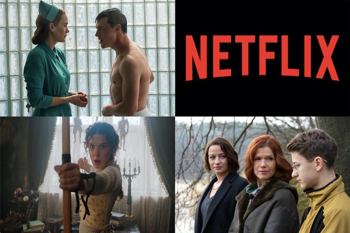 Netflix-Erfolge: "Ratched" (l.o.), "Enola Holmes" (l.u.) und "Das letzte Wort" (r.u.)