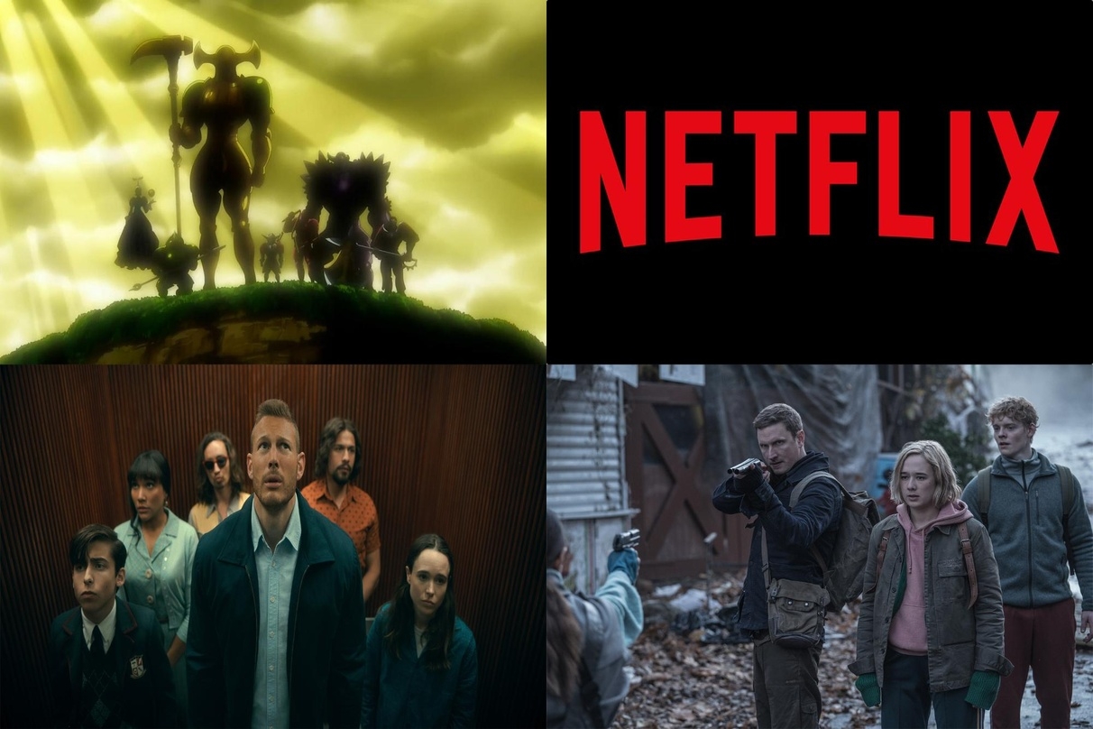 Erfolge auf Netflix: "The Seven Deadly Sins" (l.o.), "The Umbrella Academy" (l.u.) und "The Rain" (r.u.)