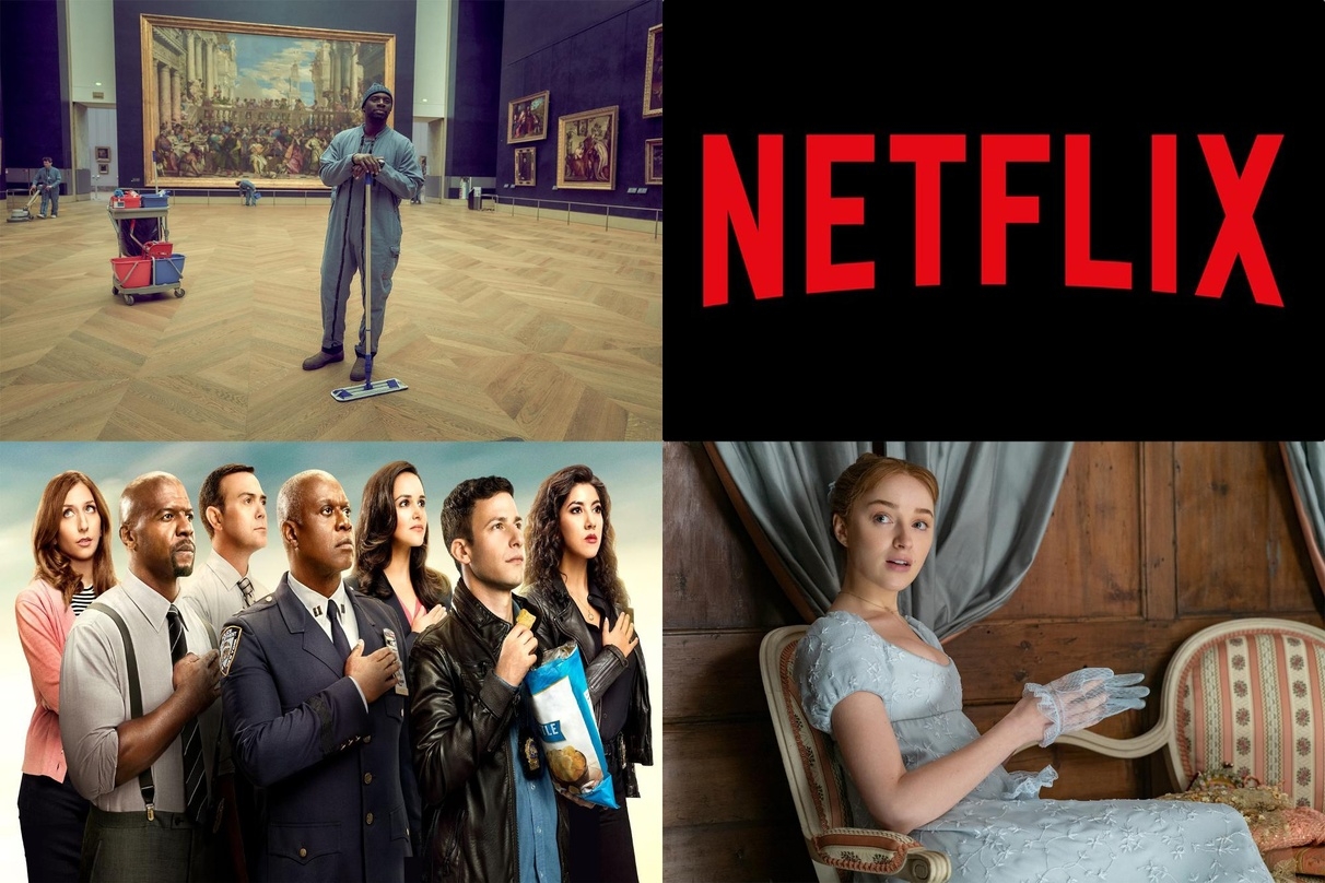 Erfolge auf Netflix: "Lupin" (l.o.), ""Brooklyn Nine-Nine" (l.u.) und "Bridgerton" (r.u.)