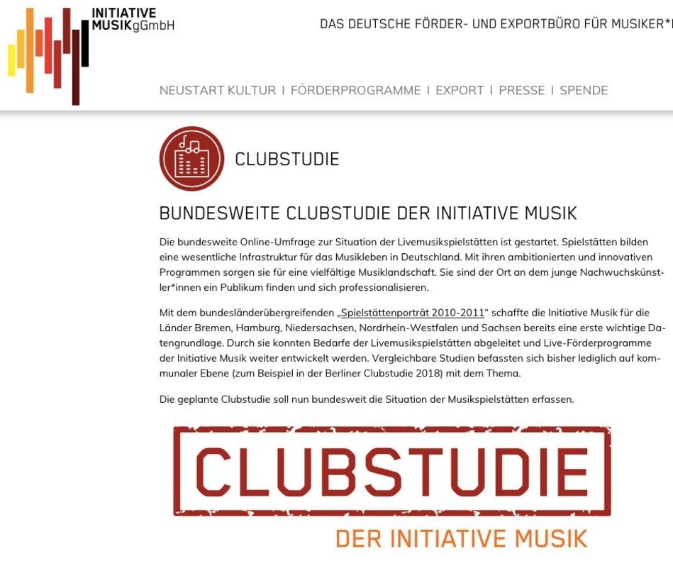 Soll die Lage der Livemusikspielstätten bundesweit unter die Lupe nehmen: die Ende September von der Initiative Musik gestartete Clubstudie