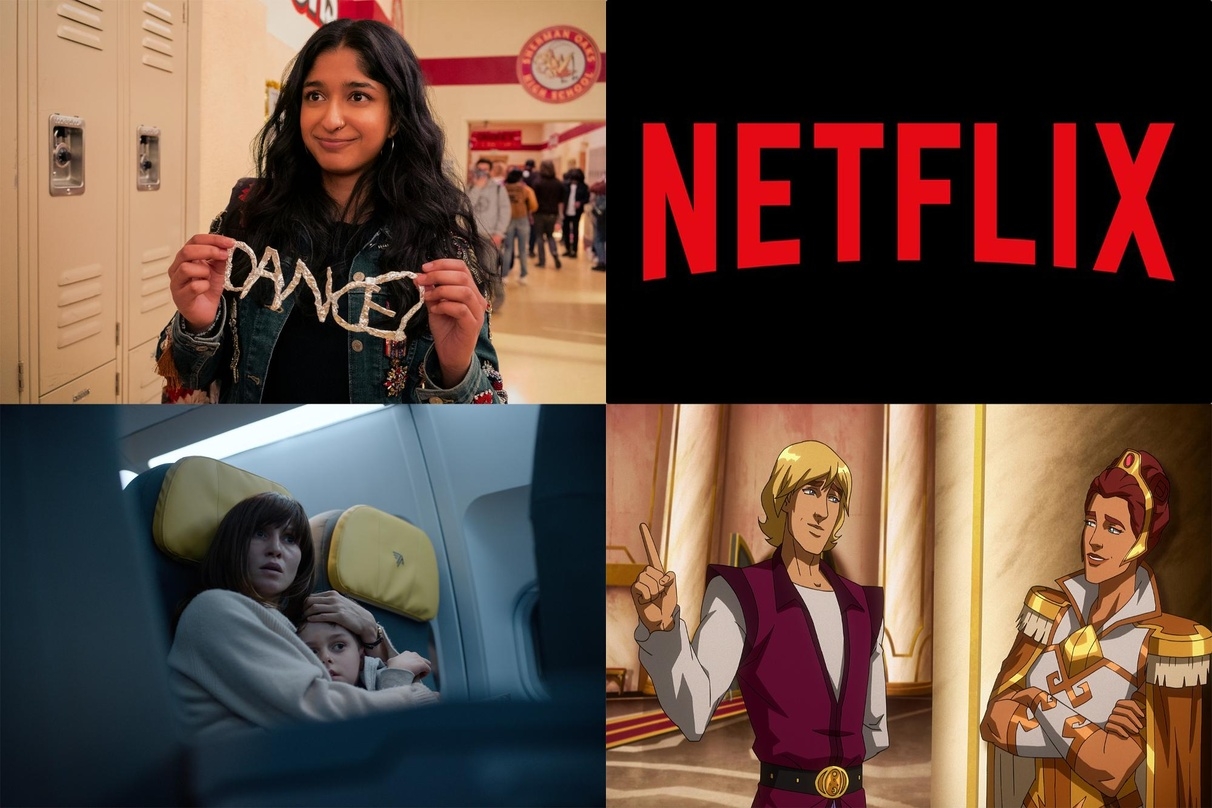 Netflix-Erfolge: "Noch nie in meinem Leben" (l.o.), "Blood Red Sky" (l.u.) und "Masters of the Universe: Revelation" (r.u.)