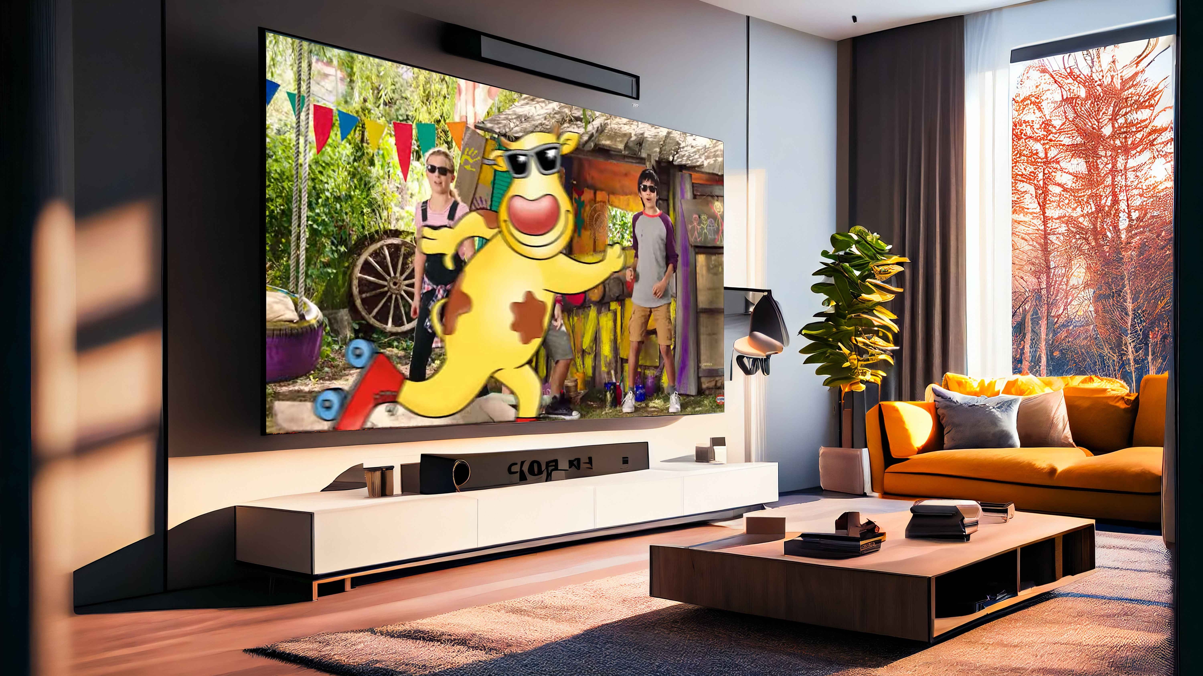 Living room with Big TV on the  wall in the room in a modern style. Elegant lixury living room with big tv screen.  Generative AI.