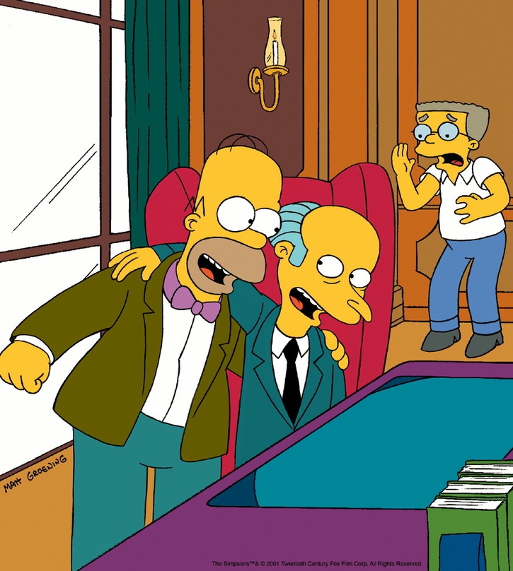 Homer Simpson mit seinem Chef Mister Burns, Betreiber des Atomkraftwerks von Springfield, und dessen Assistenten Smithers