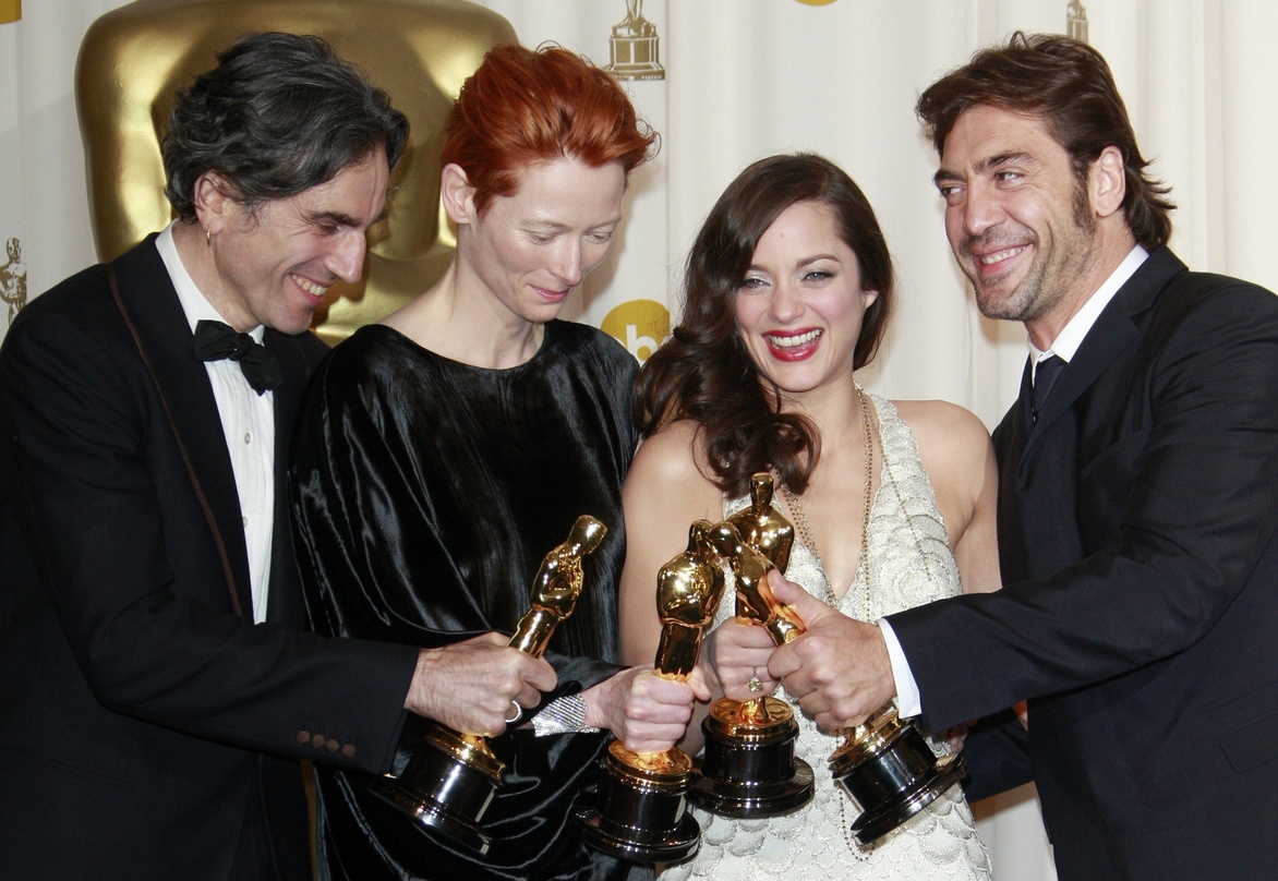 Europäische Schauspieler mit Oscar: Daniel Day Lewis, Tilda Swinton, Marion Cotillard und Javier Bardem
