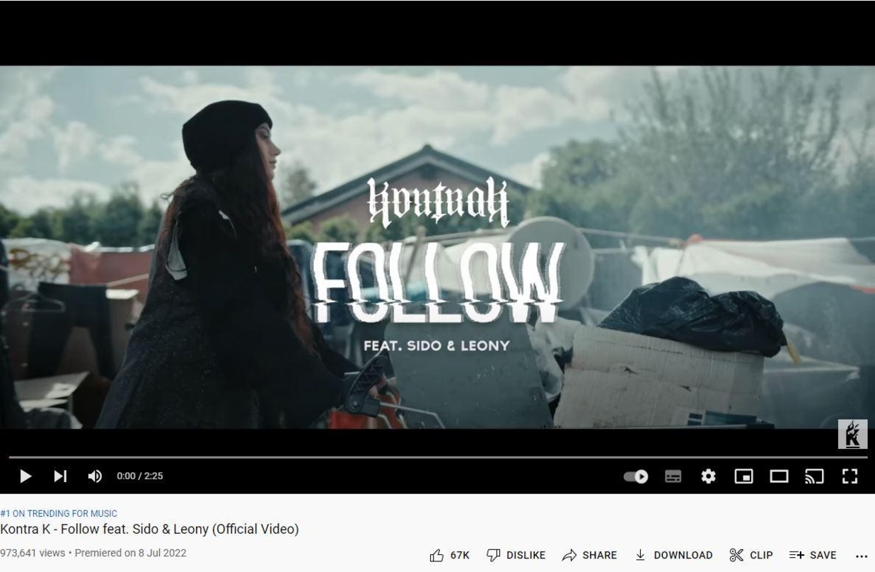 War am zurückliegenden Wochenende in den deutschen YouTube-Musik-Trendcharts souveräner Spitzenreiter: Kontra K feat. Sido & Leony mit "Follow"