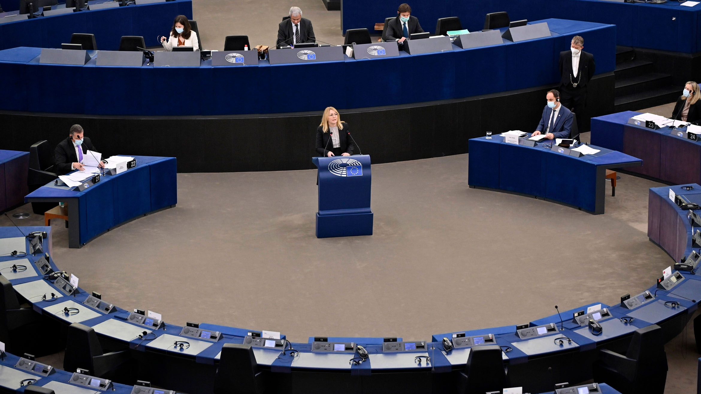 Christel Schaldemose, die leitende Europaabgeordnete für das Gesetz über digitale Dienste (DSA), vor dem EU-Parlament im Dezember 2021 –