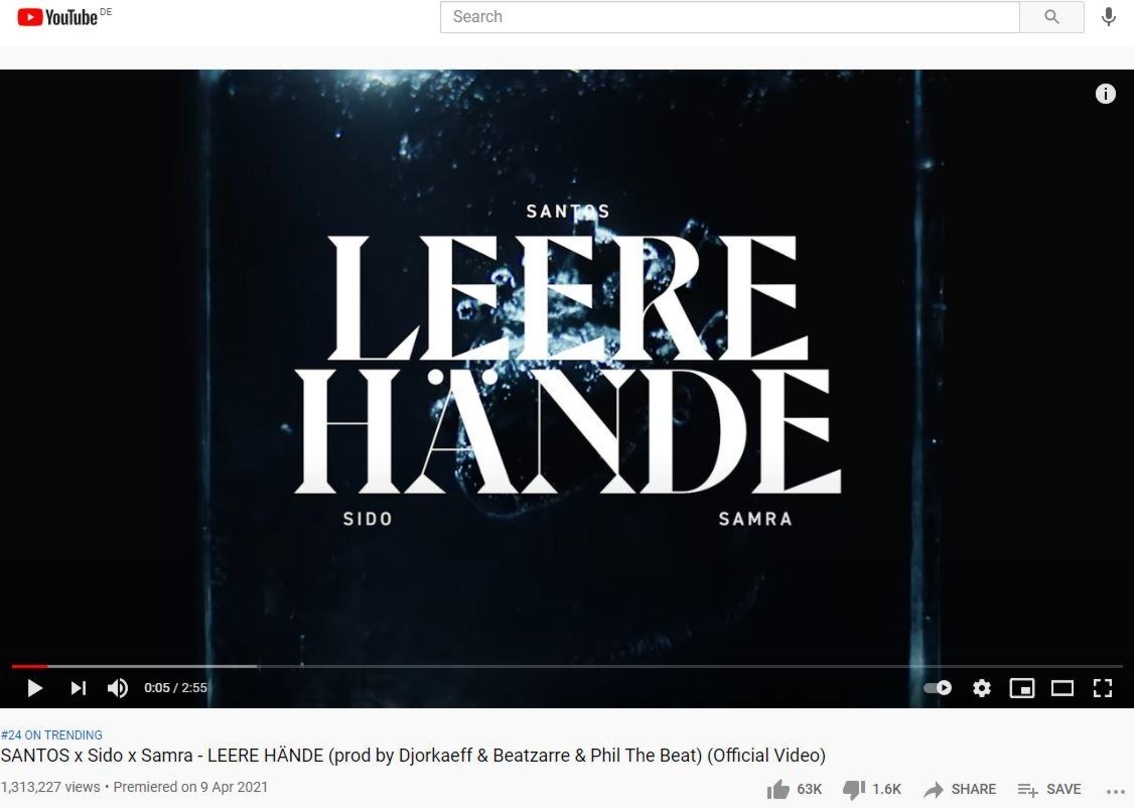 Santos fest. Sido & Samra generierte am Wochenende mit "Leere Hände" das meistgesehene deutschsprachige Musikvideo
