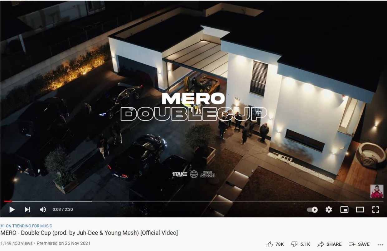 Mero war mit "Double Cup" am Wochenende durchgehend auf Platz eins der deutschen YouTube-Musik-Trendcharts