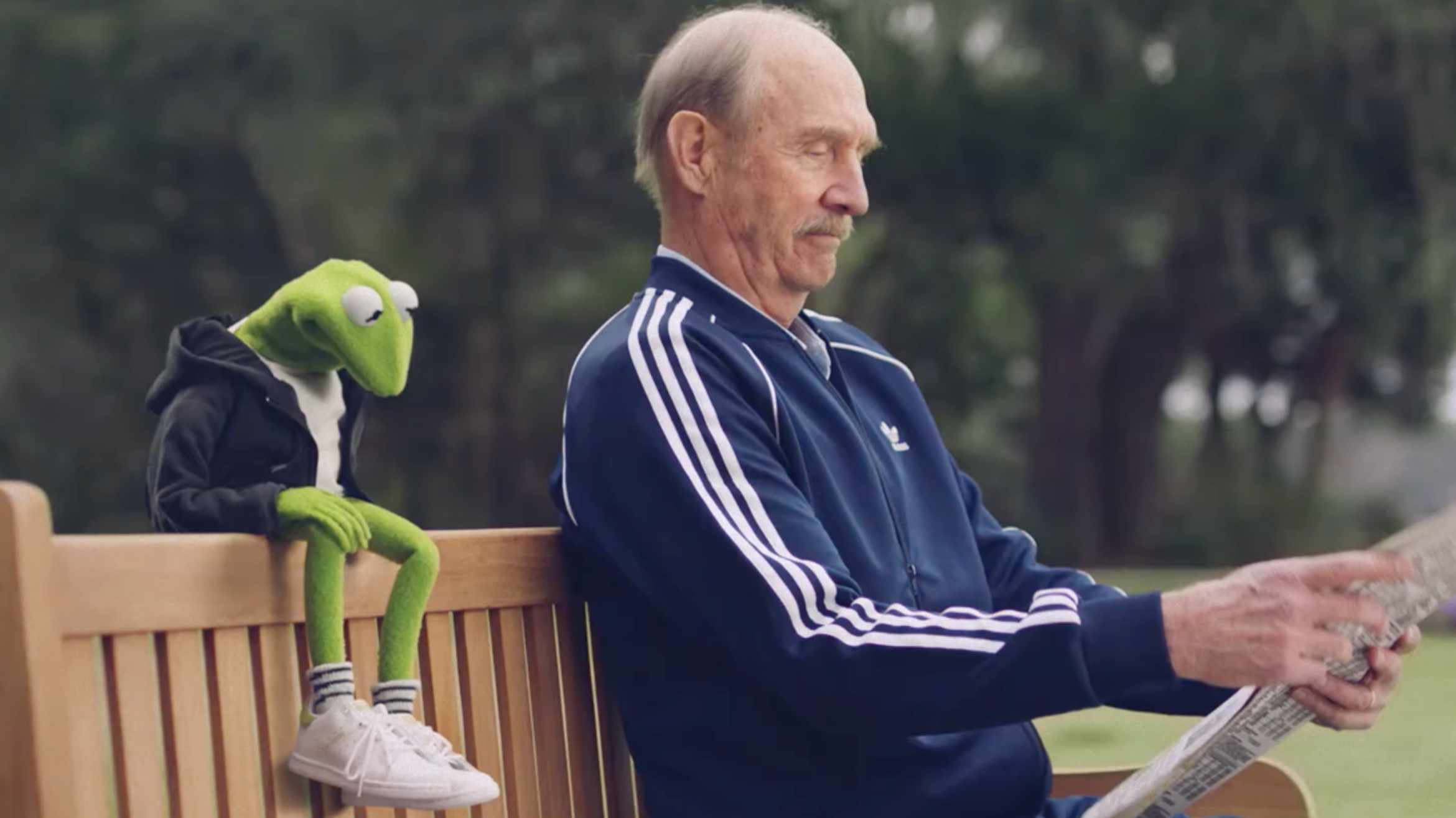Kermit und Stan Smith quasi wortlos aber vielsagend auf der Parkbank –