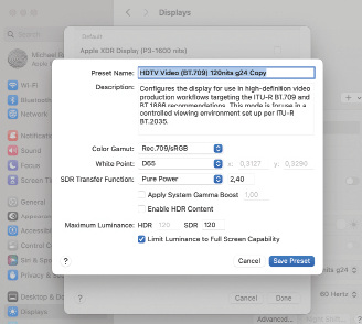 Ein Rec709 Display Preset am MacBook selber herstellen, liefert erst exakte Farben in Verbindung mit der anschließenden
Weißpunkt-Kalibrierung. Vorausgesetzt, die Anwendungssoftware nutzt das OS-Colormanagement.