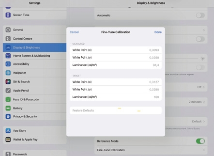Systemeinstellungen für iPad Pro XDR: Display & Brightness – Referenz Mode aktivieren und dann Fine-Tune Calibration öffnen. Gemessene Werte für D65-White-Point XY Werte und Targets für Rec709 D65 = 0,3127, 0,3290 bei nicht 100 nits, sondern etwas geringer...