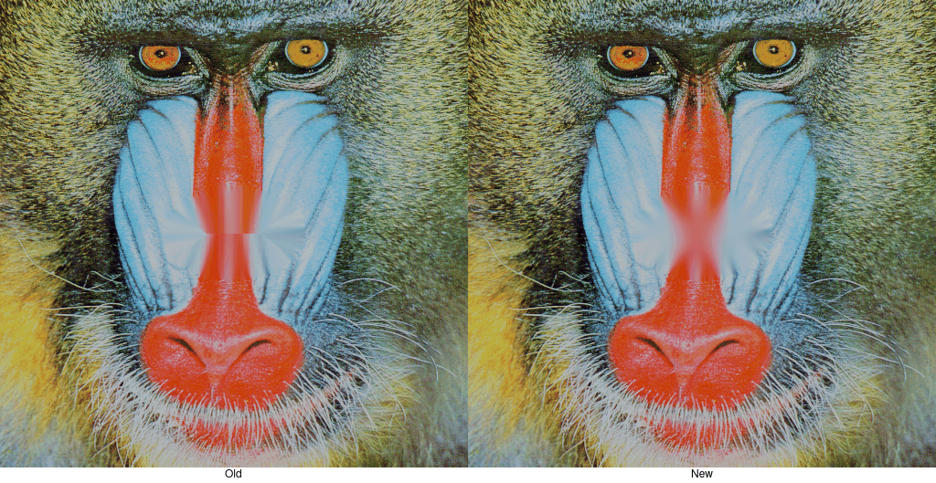 Ein Beispiel für die Inpaint-Node. Die Mitte der Nase wurde maskiert und per Inpaint neu gefüllt. Links das Ergebnis in Blender 4.0, rechts in Blender 4.1. Die deutlich erkennbare Linie in der Mitte des Inpaint-Bereichs im linken Bild liegt daran, dass die Randpixel in der Mitte zusammenlaufen. Dank eines zweiten Passes ist der Bereich in Blender 4.1 weich und stetig.