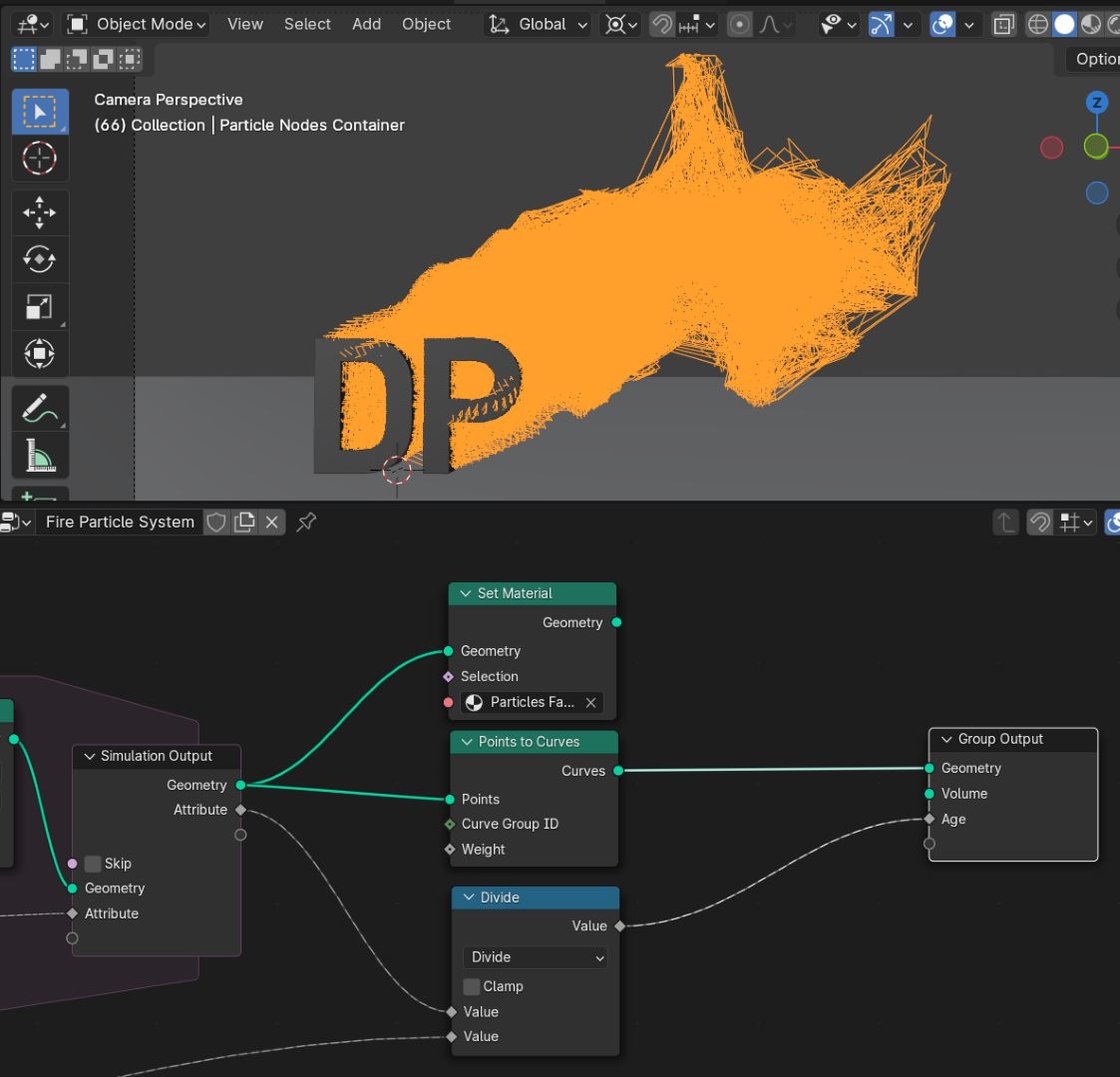 Kurven: Mit der Points to Curves-Node lassen sich die Partikel zu Curves verbinden. Dabei wird jeweils aus den Partikeln, die in einem Frame emittiert wurden, eine Curve.