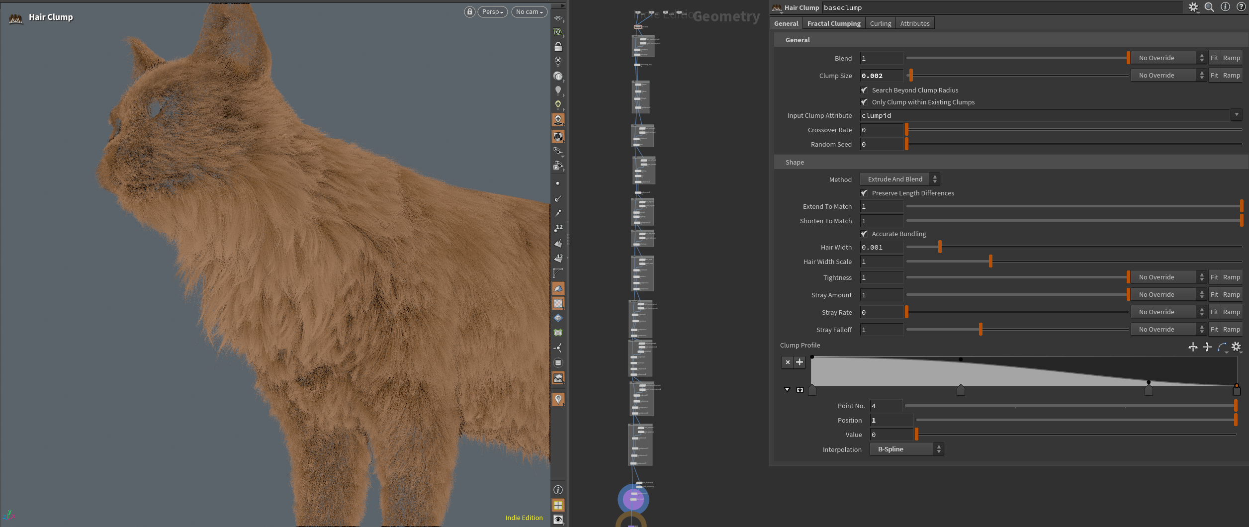 Der auf den ersten Blick vielleicht komplexe, aber dafür detailliert kontrollierbare prozedurale Hairgen-Tree des Katzenfells mit selektierten Basis-Clumpnode.