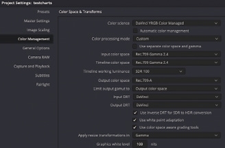 Die ersten beiden Settings sind wichtig dafür, dass Resolve mit dem Apple OS Colormanagement kommuniziert: „Use 10 bit...“ und „Use Mac Display Color Profiles...“ (wie beschrieben, das eigens erzeugte Rec709 Gamma 2.4 Profil eingestellt haben im OS CM)