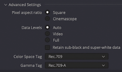 Der Resolve Export Rec709A. Ganz wichtig sind die Advanced Settings: Colorspace Tag = Rec.709 und noch wichtiger der Gamma Tag = Rec.709-A