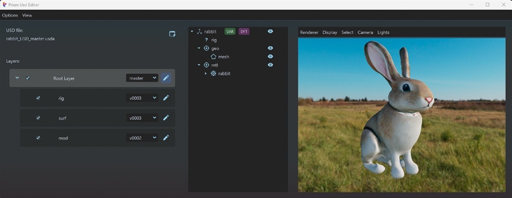 In dem 3D Viewport des USD Editors lässt sich die komplette Szene mit verschiedenen Displaysettings anschauen. Neben dem Standard GL Renderer (Storm) lässt sich die Szene auch mit einen Renderer wie z. B. Arnold in dem Viewport rendern. Der Prism USD Editor lässt sich unter
anderem in Prism Standalone nutzen, sodass sich ein Asset oder Shot anschauen und bearbeiten lässt ohne Houdini oder Maya öffnen zu müssen.