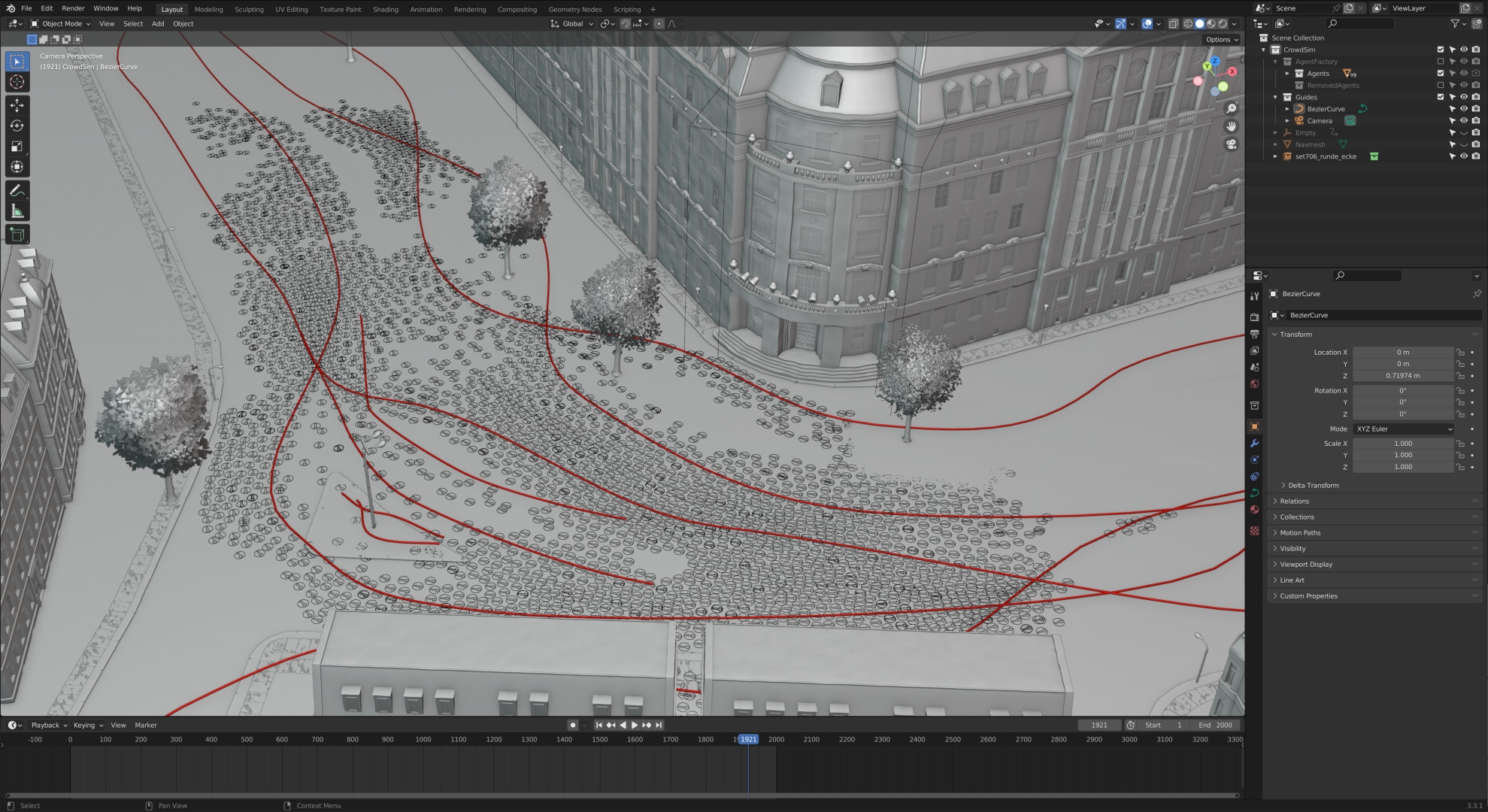 Entscheidend war die Möglichkeit, die Crowd-Bewegung durch beliebig viele Curve‐Objekte steuern und auch einzelne Gruppen beeinflussen
zu können. So konnte ein grober Bewegungsfluss vorgegeben werden, die einzelnen Simulations‐Agents aber trotzdem noch Hindernissen
ausweichen und so eine natürliche, aber beeinflussbare Bewegung erzeugen.