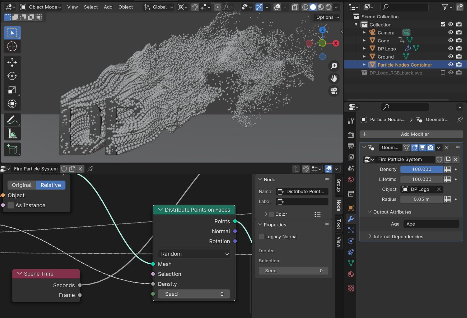 Perlenkette: Indem wir den Seed aus der „Distribute Points on Faces“-Node nicht mehr in jedem Frame ändern, erhält unser Partikelsystem vom Aussehen her den Character von Perlenketten.