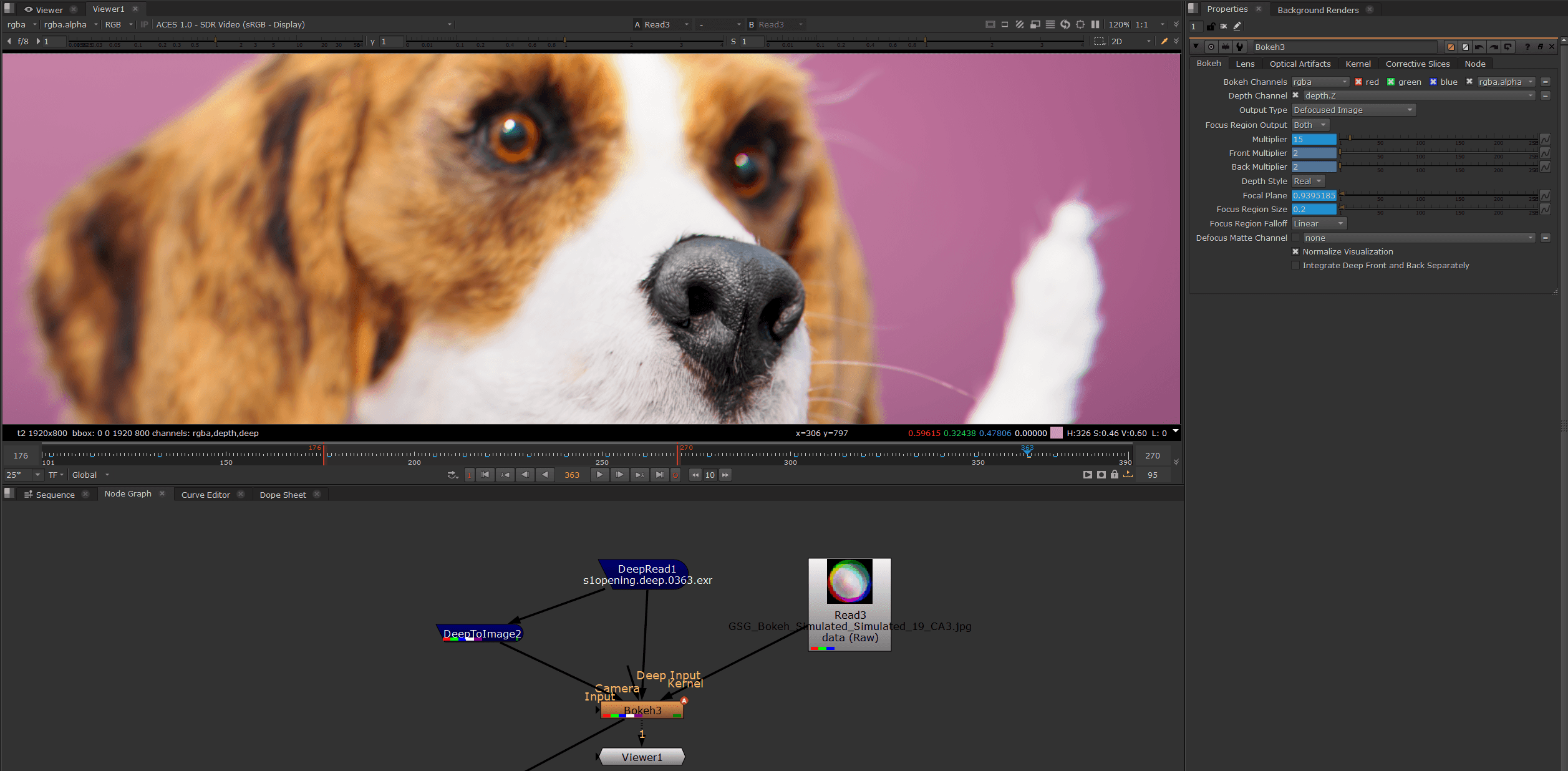 Zu Darstellungs-Zwecken auf die Haarspitze getrieben: minimales DoF per Bokeh Node und Deep Pixel Rendering sowie einer Custom Kernel-Map von Greyscale Gorilla, gut sichtbar in den Highlights der Augen. Durch die Deep-Pixeldaten sind einzelne Strukturen wie die Schnurrhaare sauber getrennt.