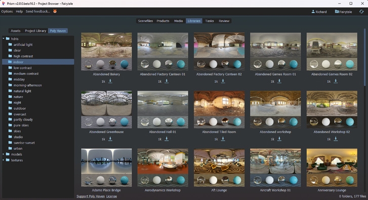 Als Beispiel Polyhaven: Die Library ist direkt eingebunden. Mit dem neuen „Libraries“ Plug-in lassen sich Bibliotheken von
Assets oder Texturen mühelos organisieren. Die kostenlose Online Asset Bibliothek „Poly Haven“ ist nun direkt an Prism angebunden und HDRIs, Texturen und Models lassen sich schnell und einfach in verschiedenen Formaten und Auflösungen herunterladen und in
allen DCCs nutzen. Alle diese neuen Funktionen machen Prism 2 zum größten Prism Update bisher. Das ist allerdings erst der Anfang,
da wir bereits unzählige Ideen für zukünftige Updates haben.