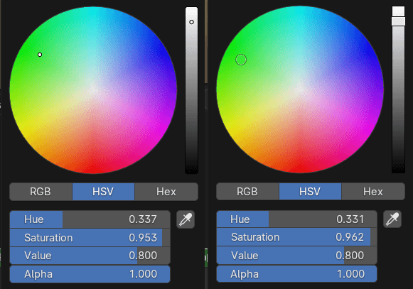 Links der Color Picker aus Blender 4.1, rechts in Blender 4.1. Die gewählte Farbe und Helligkeit wird direkt im Cursor angezeigt, was die Lesbarkeit vereinfacht.