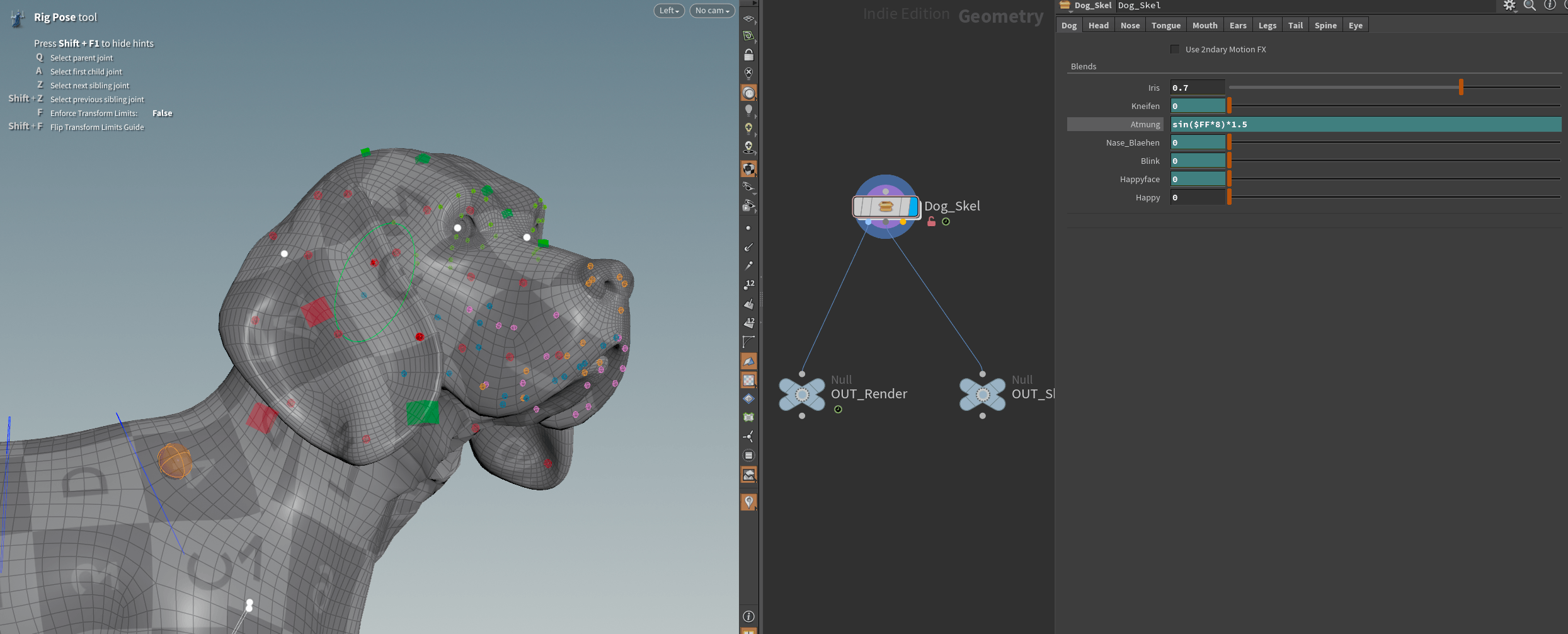 Animiert wird mit Controlshapes und verlinkten Slidern außerhalb des Rig-Netzwerkes.