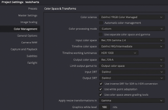Ein etwas fortgeschrittener Trick ist, wenn wir die „Color Processing Mode“ auf Custom umstellt – und schon sieht man, was drin steckt,
und so mag man gegebenenfalls den Timeline Colorspace auf DaVinci WG (Wide Gamut) umstellen...