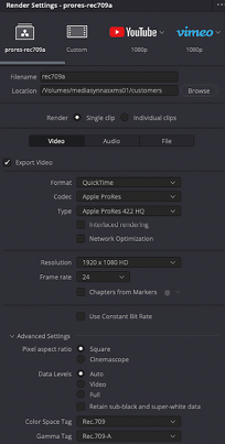 So sieht es im Ganzen auf einem Mac aus für ProResHQ 422 oder mp4 in H265 10bit.
