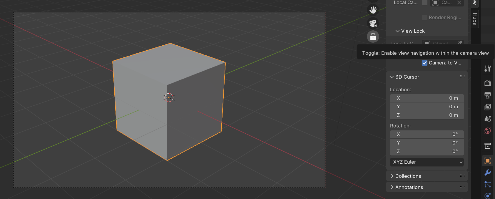 Wenn man durch die Kamera schaut, erscheint in Blender 4.1 ein neues Gizmo mit einem Vorhängeschloss als Icon. Damit kann die Option Lock Camera to View ein- und ausgeschaltet werden, was bisher nur umständlich im View-Tab in der Sidebar möglich war.