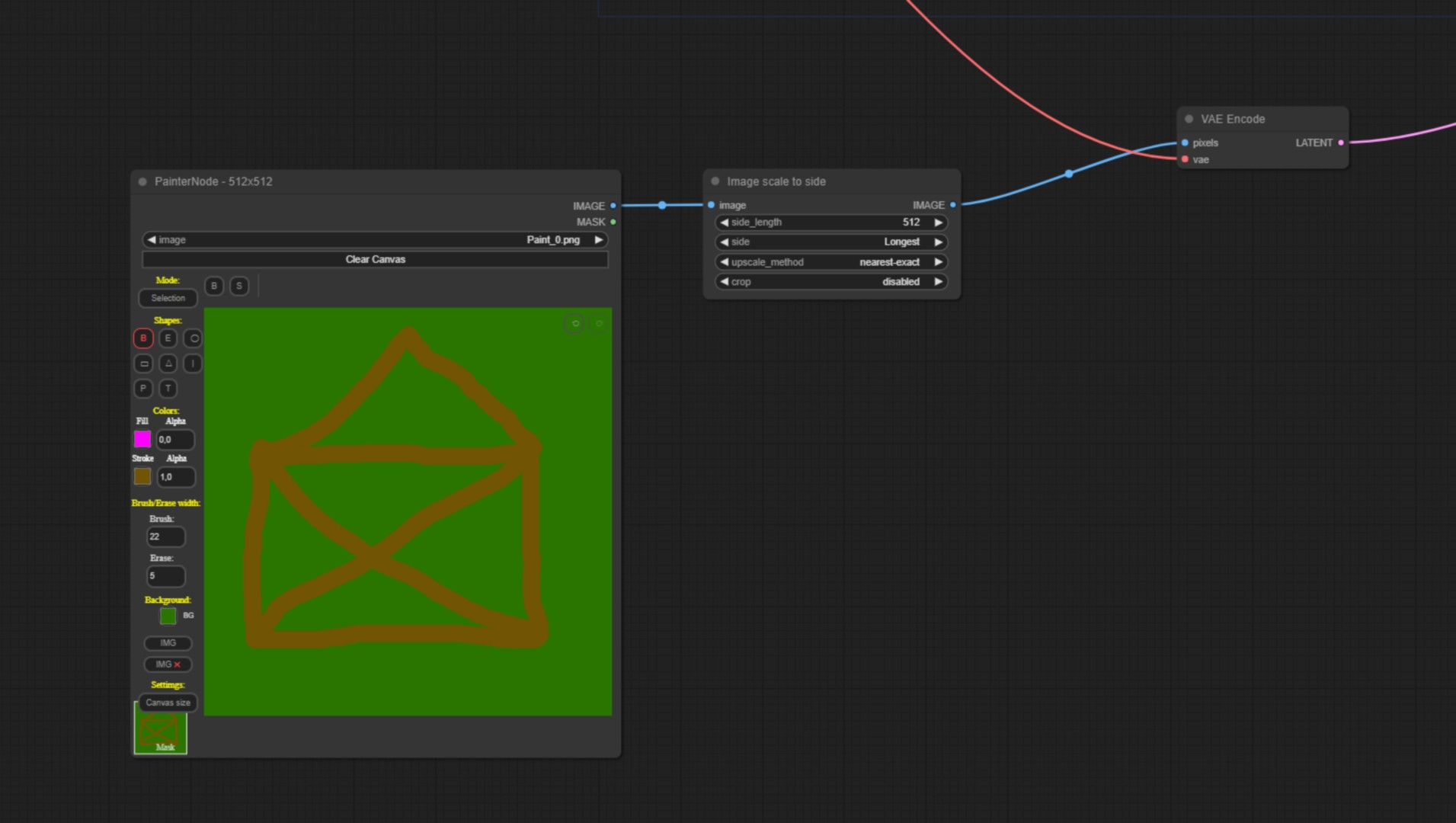 Der Nodetree für unser Häuschen – und die Painter-Node mit der Eingabe. Ja, malen ist nicht meine Stärke. Dafür war es schnell!