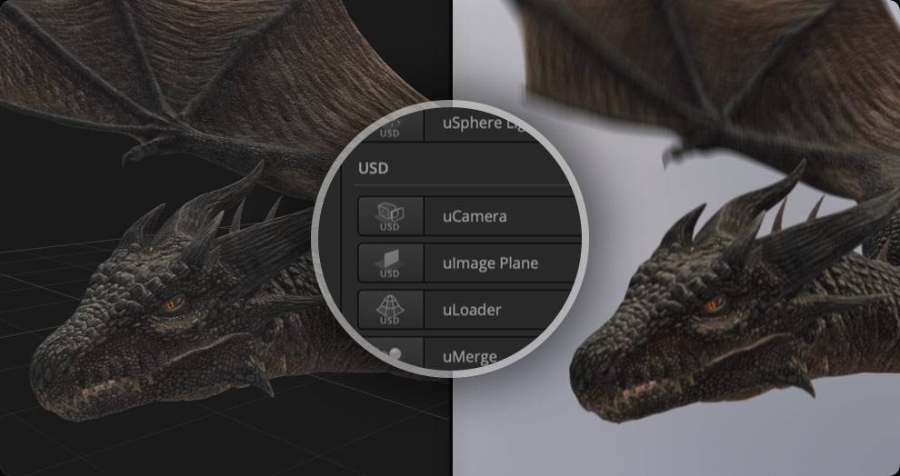 Fusion unterstützt jetzt Universal Scene Description-Dateien für eine einfachere Zusammenarbeit. USD-Daten wie Geometrie, Beleuchtung, Kameras, Materialien und Animationen können importiert werden. Mit den neuen USD-Tools von Fusion können Sie Dateien mithilfe von Hydra-basierten Renderern wie Storm bearbeiten, neu beleuchten und rendern.