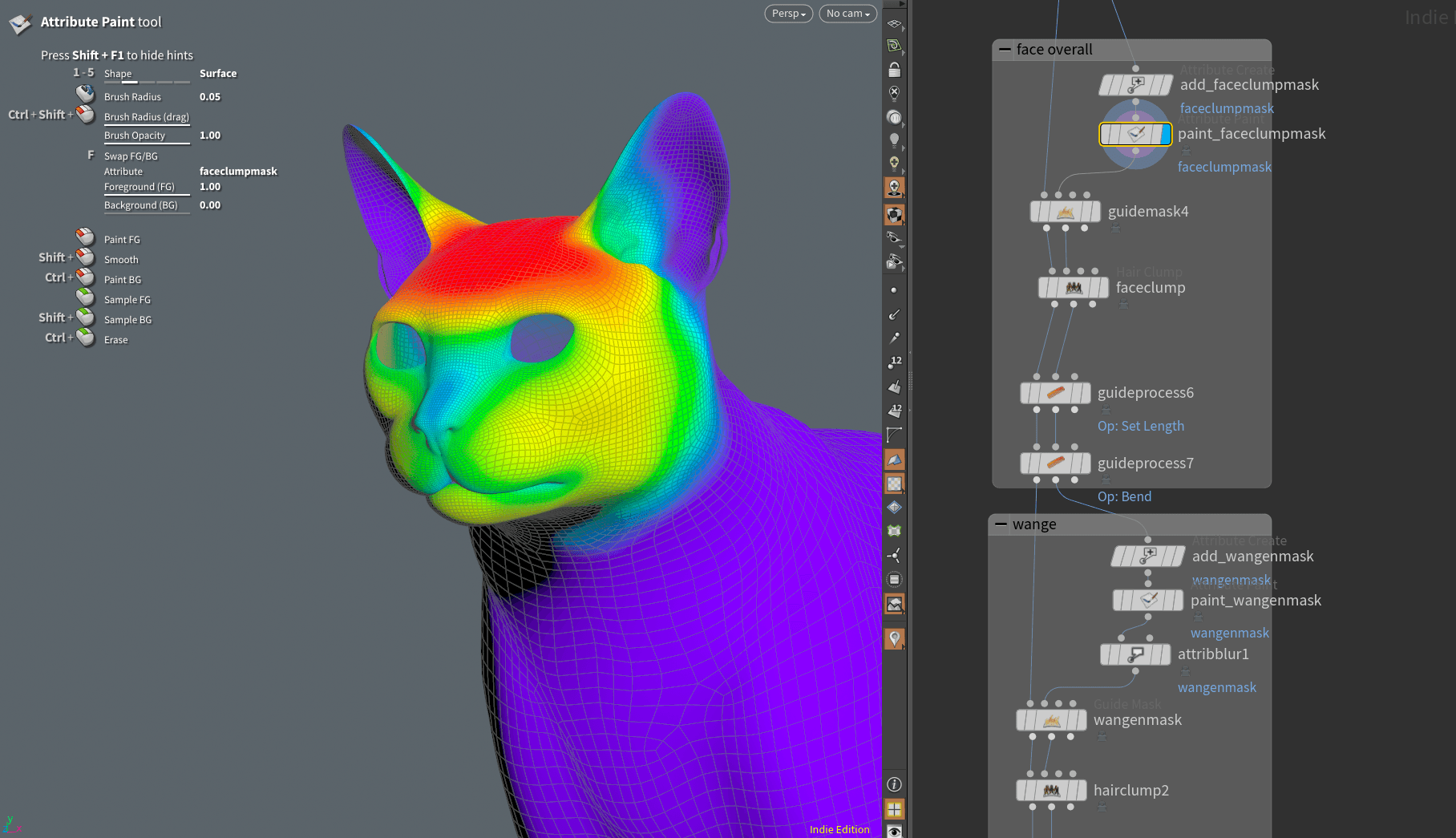 Masken lassen sich entweder auf die Basis-Geometrie oder schnell direkt bei den zu maskierenden Nodes painten, hier um das grundsätzliche Hairclumping im Gesicht zu definieren.