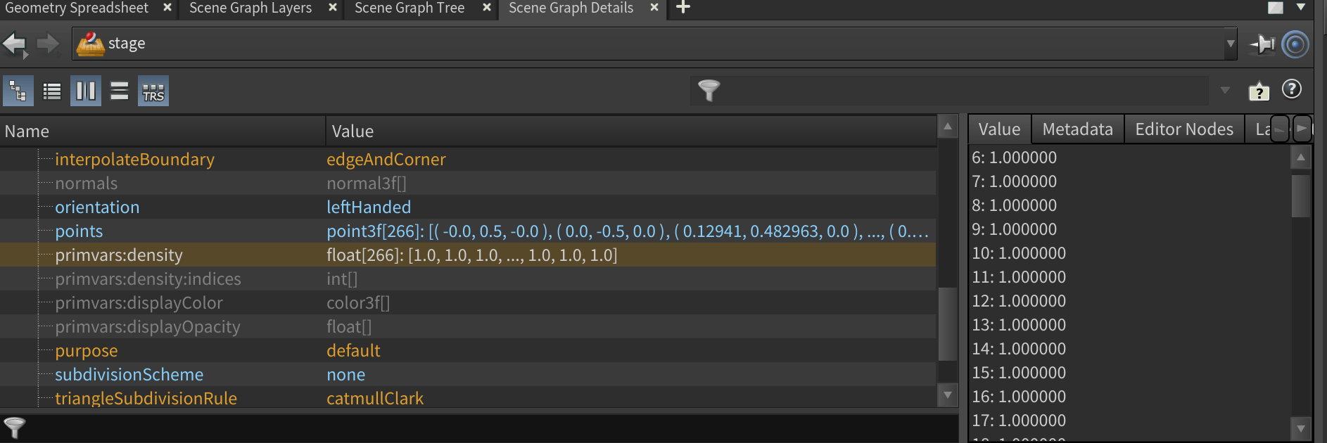 Die Attribute lassen sich in Solaris ungewohnt im Panel Scene Graph Details finden und ablesen.
