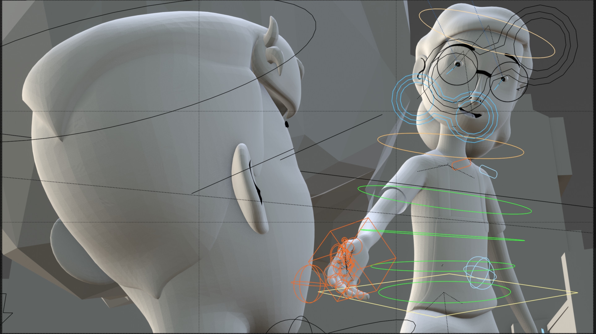 Die Größen der Figuren, die Perspektiven und die Brennweiten der Kameras stimmen immer – das freut das Layout.